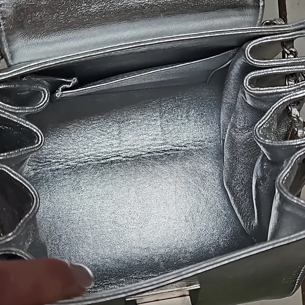 CHANEL Metallic Silver Mini Bag Chain Strap Turnlock w/Card - Picture 11 of 14